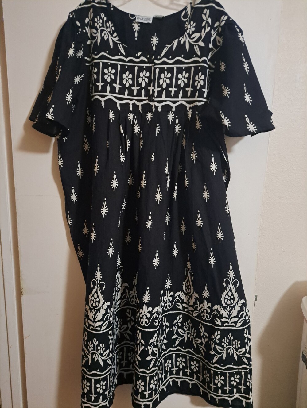 Vintage 80s 90s PHASES Black White Geometric Block Print Cotton Dress Size 3X